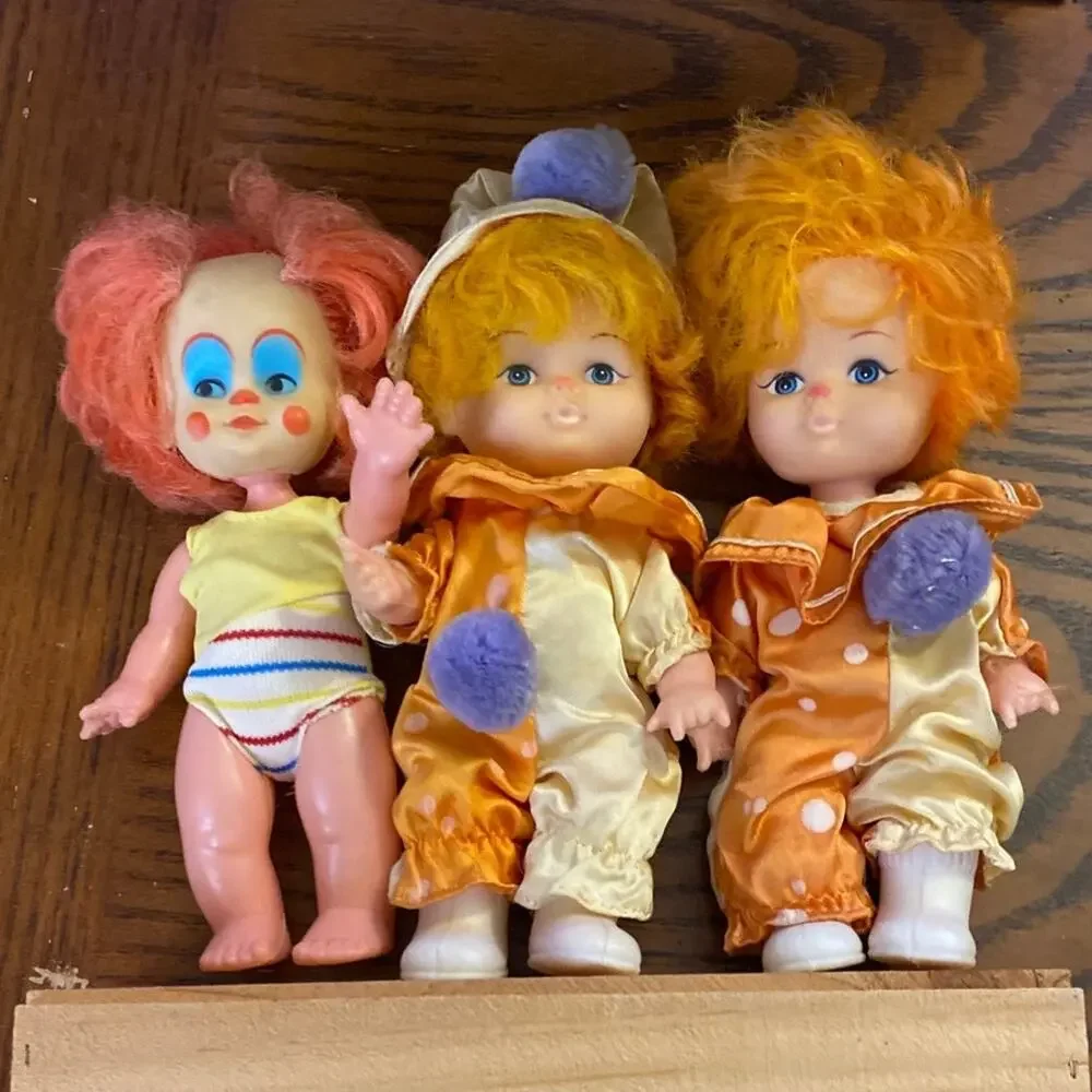 Vintage Clown Doll Lot BoBo 1970s Rubber Dollies Red Orange Hair Pom poms